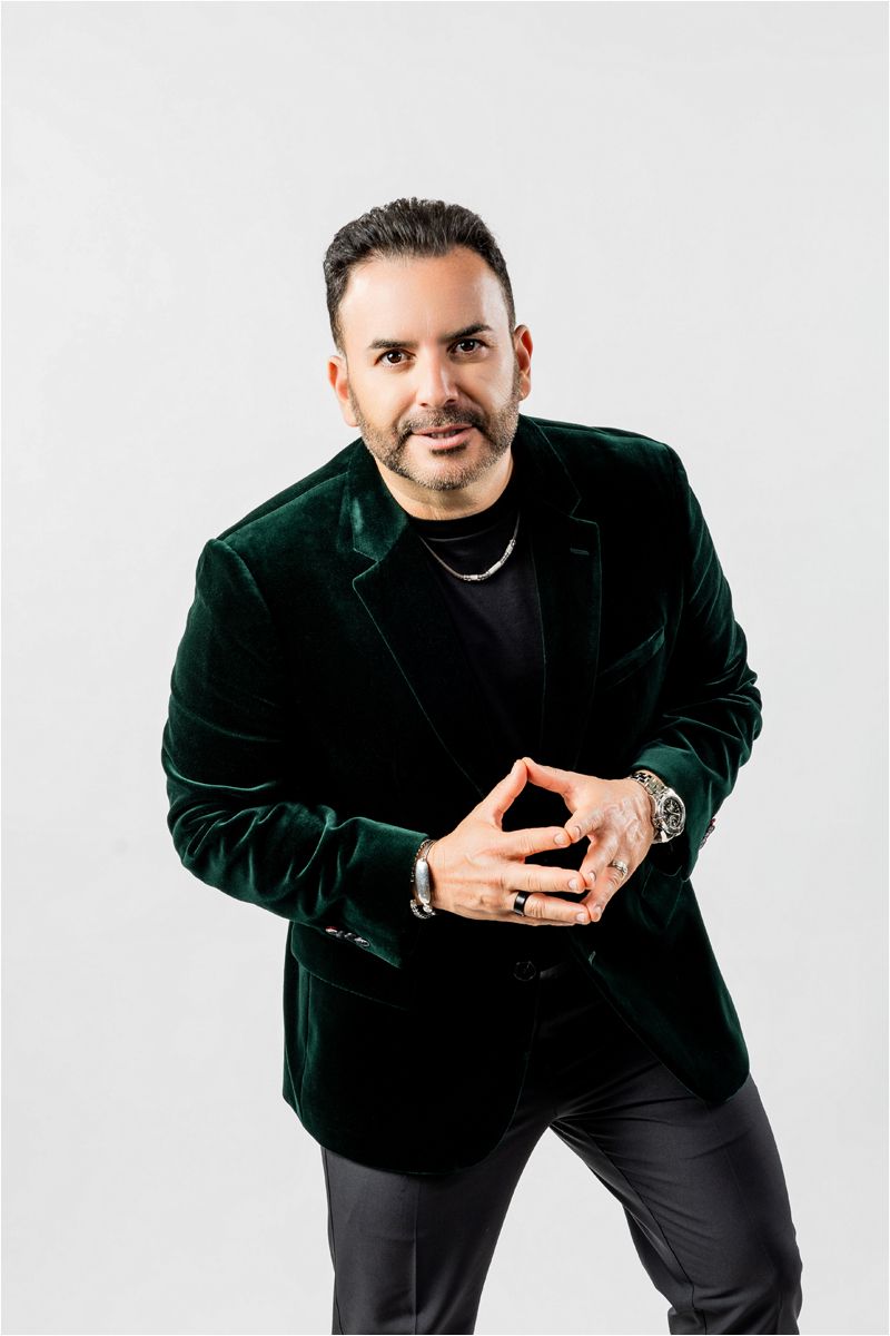 Professional headshots in dark green velvet blazer against white background.