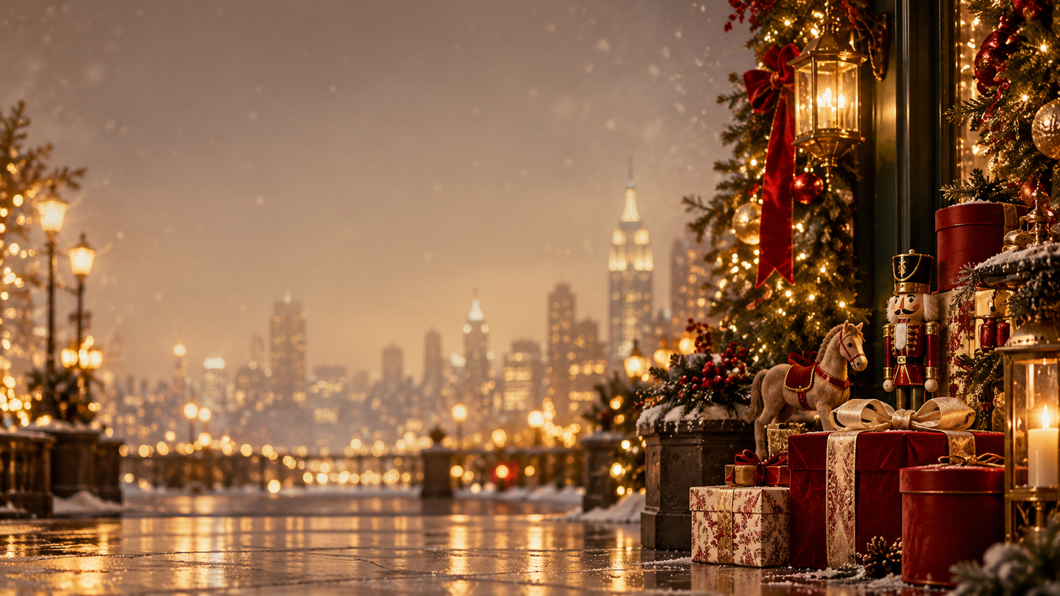 Snowy city skyline at night with Christmas tree, wrapped gifts, and glowing lantern on a festive waterfront promenade.