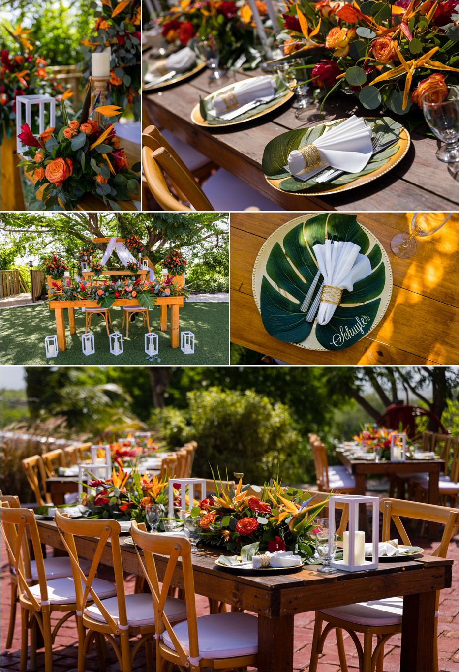 Elegant tropical wedding reception tables with bright orange floral centerpieces and green place settings.