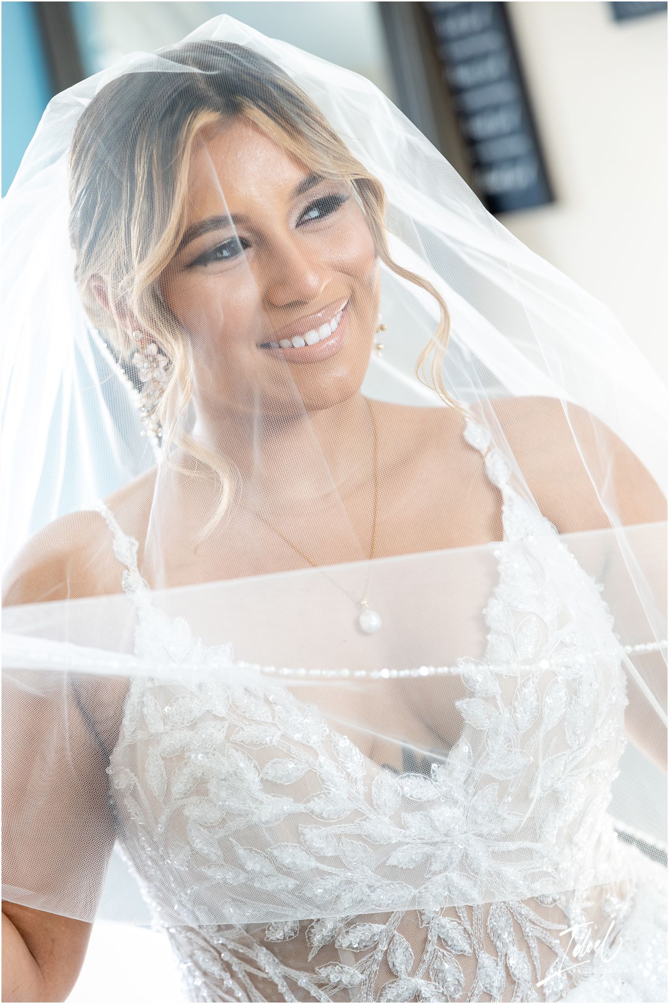 Radiant bridal portrait showcasing delicate veil and intricate lace wedding gown details.