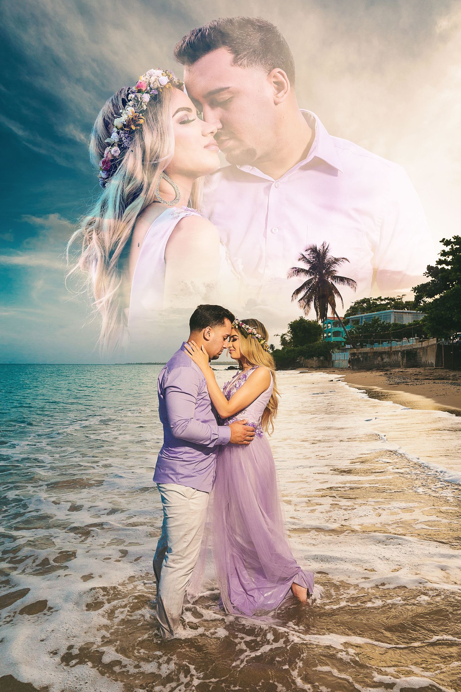 Romantic beach engagement photo with couple embracing at sunset.