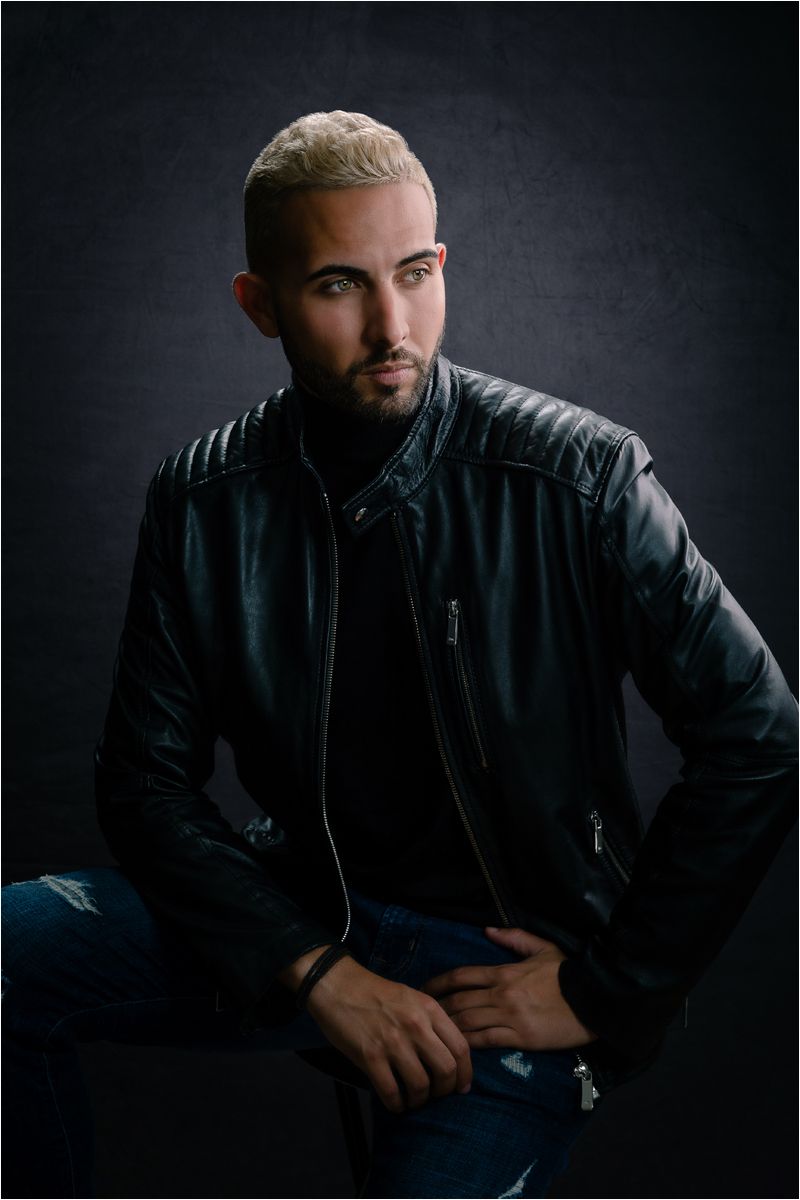 A moody portrait series featuring someone in a black leather jacket against a dark background.