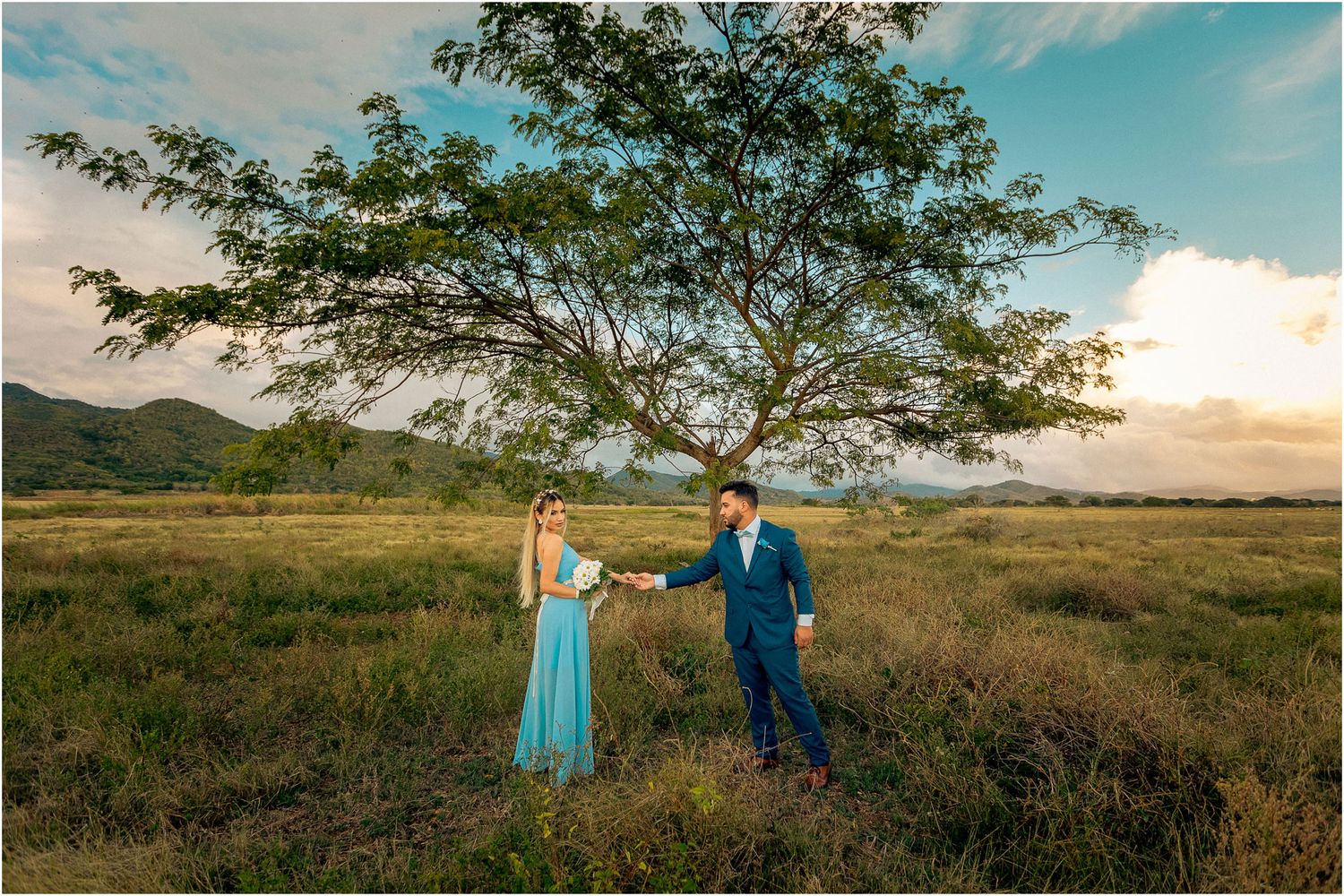 A couple in formal attire stands together in a scenic grassy field with mountains and a large tree in the background.