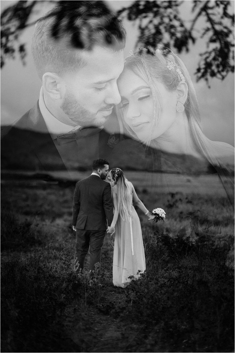 A romantic black and white photo series showing a couple in wedding attire embracing outdoors in a meadow.