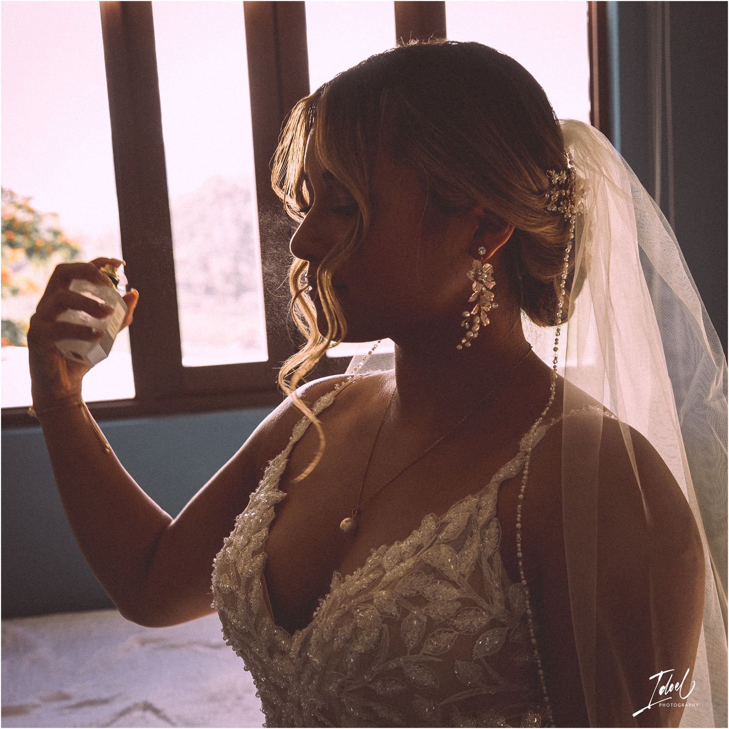 Silhouetted bride in wedding dress and veil poses by window with dramatic lighting.