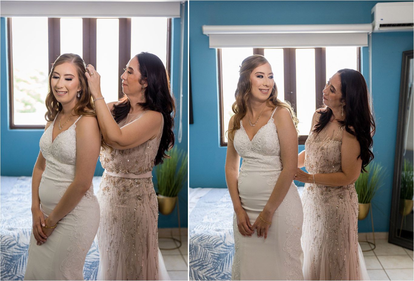 Two brides in elegant white dresses share joyful moments while getting ready.