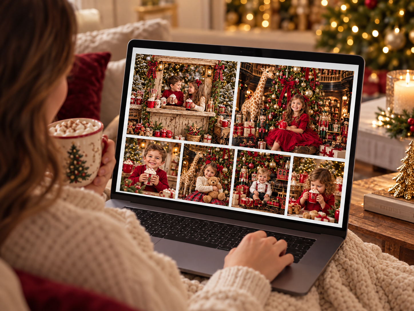 Woman in cozy sweater viewing Christmas children photos on laptop with holiday decorations in background.