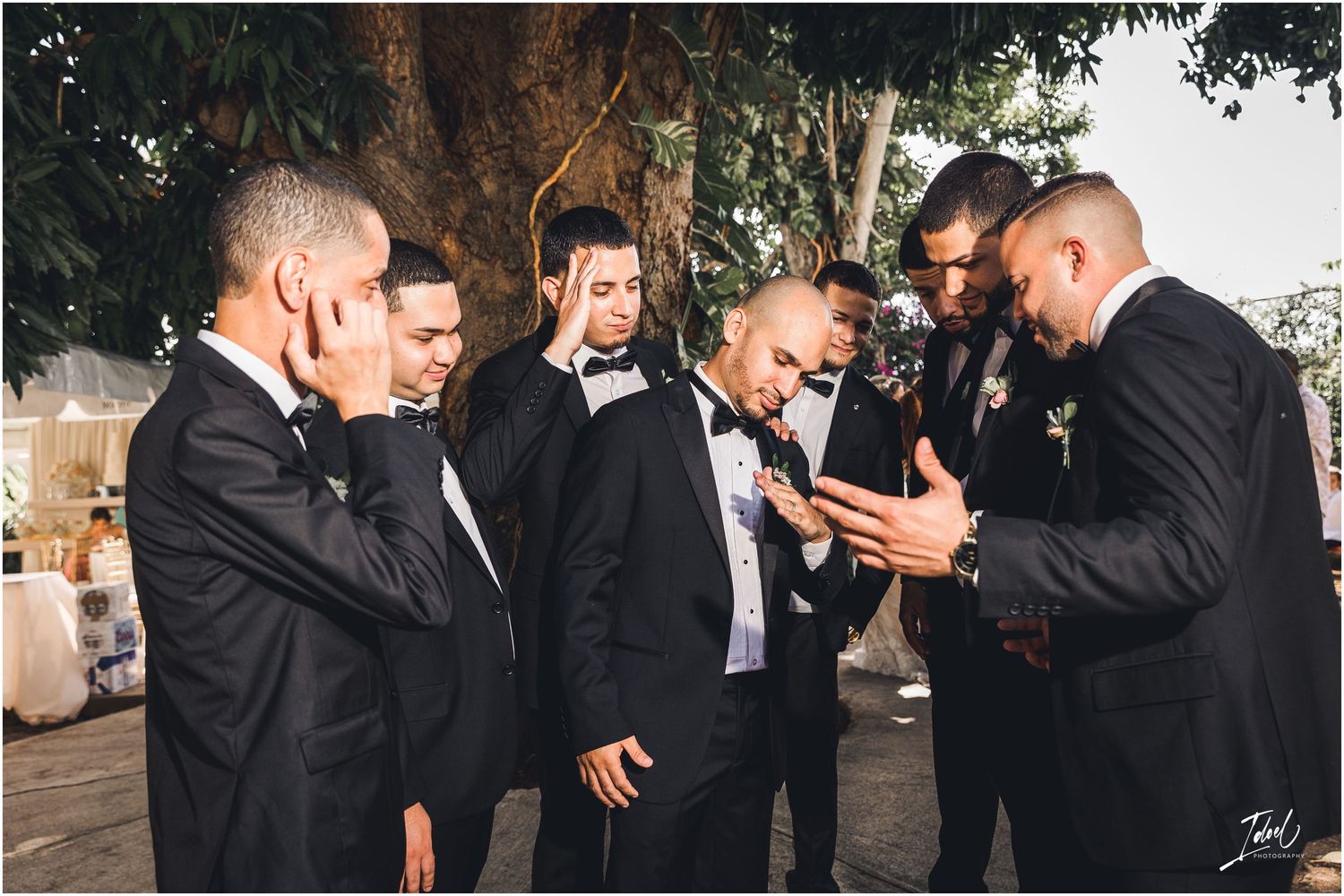 Groomsmen share a lighthearted moment laughing together outdoors under a tree before the wedding ceremony.