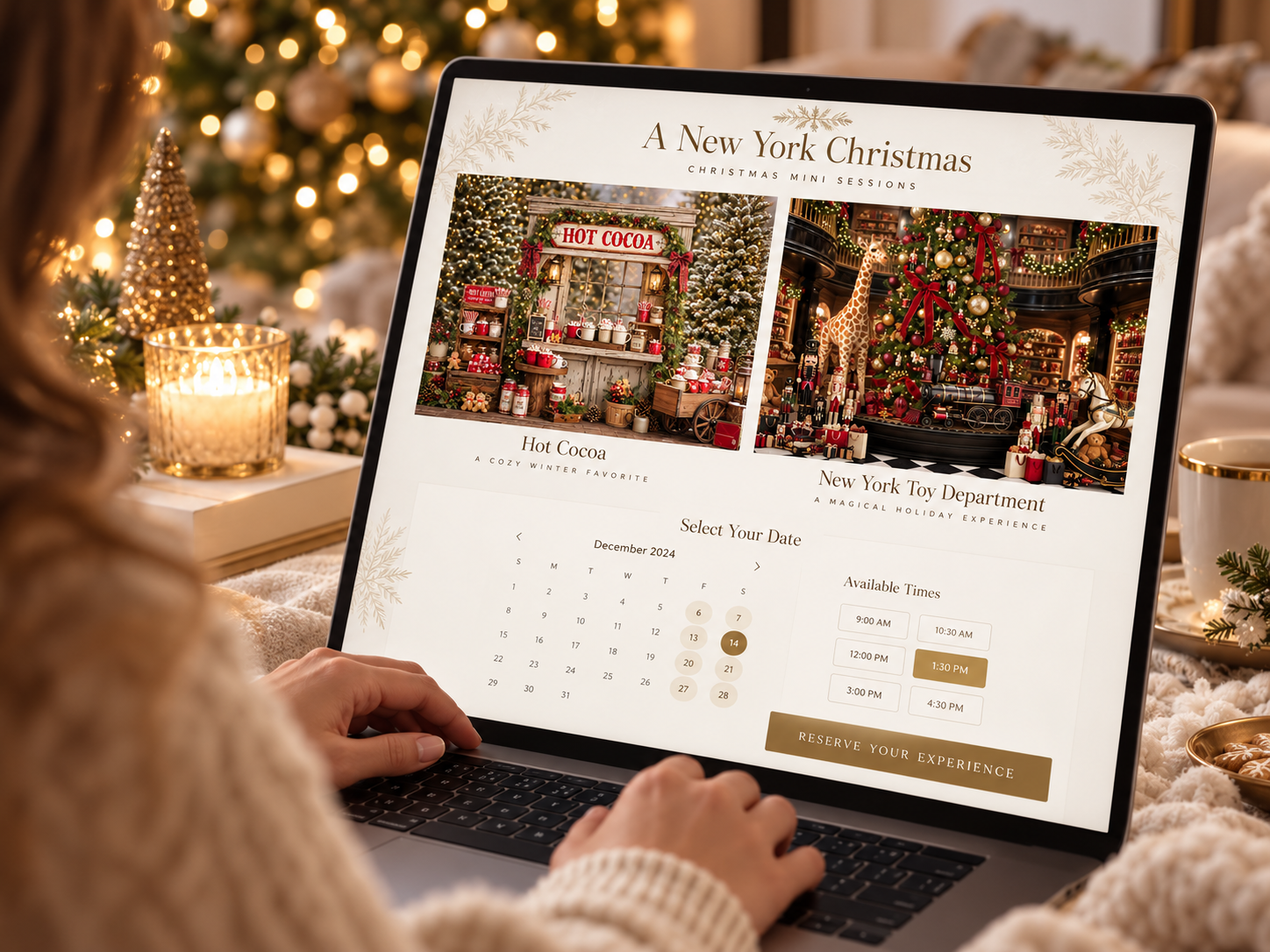 Woman browsing a festive New York Christmas themed booking website on a laptop surrounded by holiday decorations.