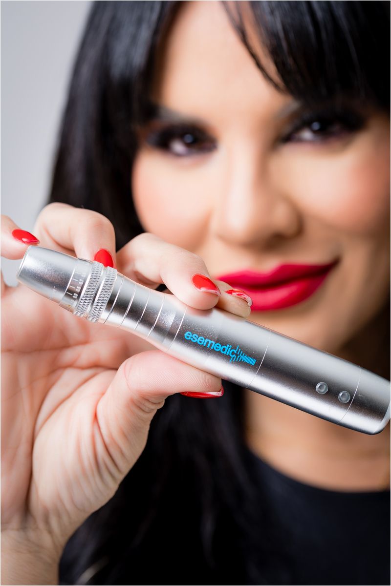 A series of close-up shots showing hands holding a silver cosmetic product against a blurred background with red lipstick.