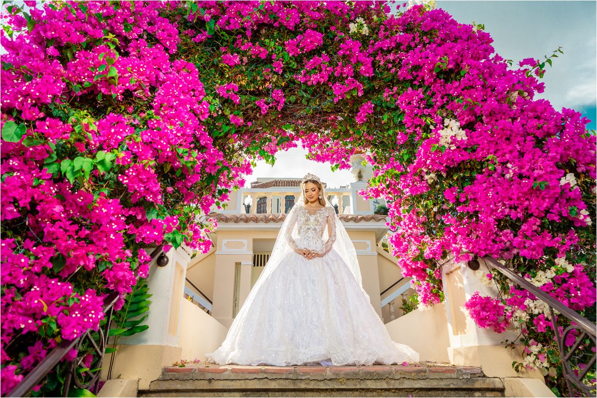 Wedding dress photographed under vibrant pink bougainvillea flowers against blue sky.