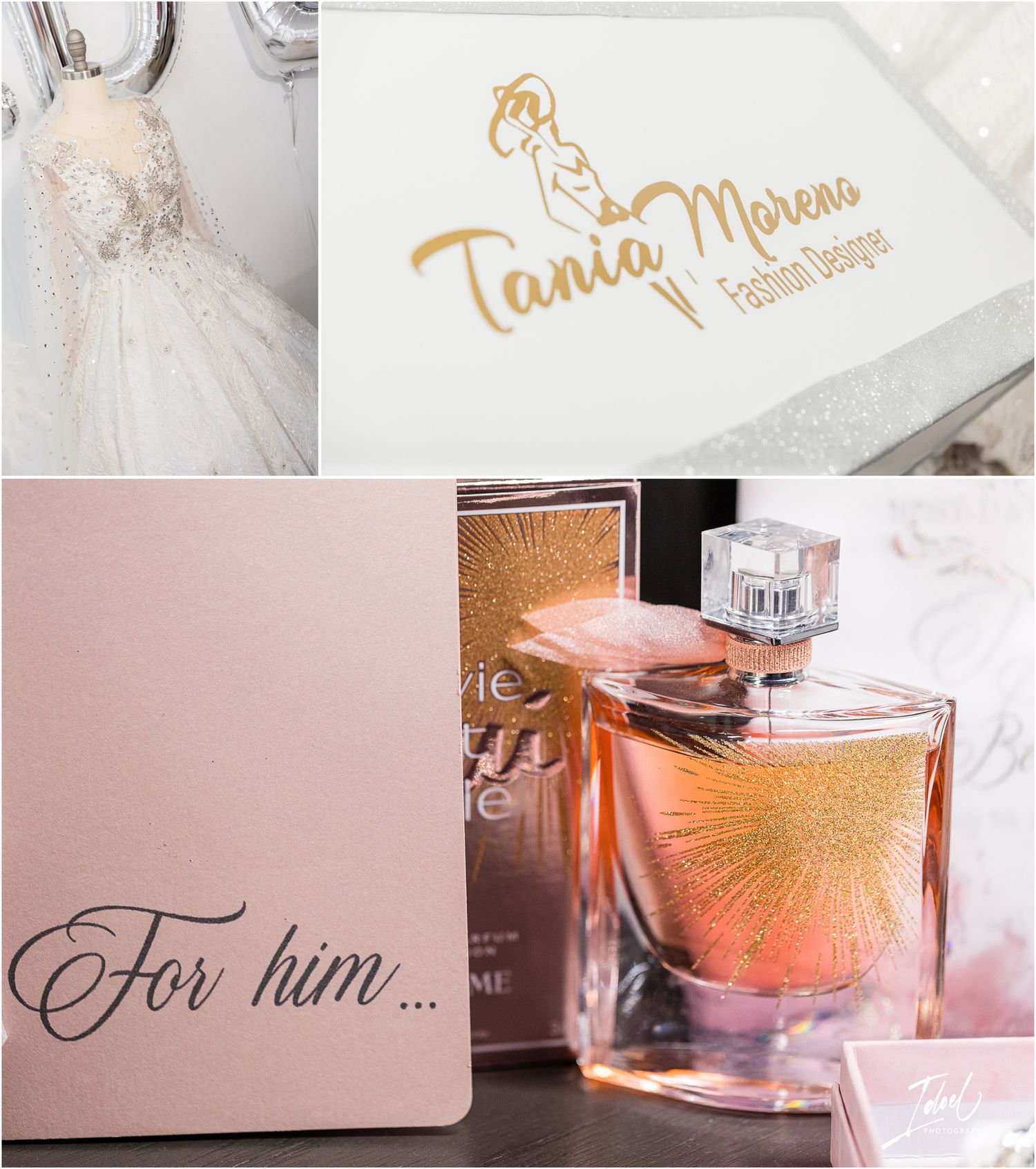 Wedding branding and fragrance display with pink packaging and an amber perfume bottle.