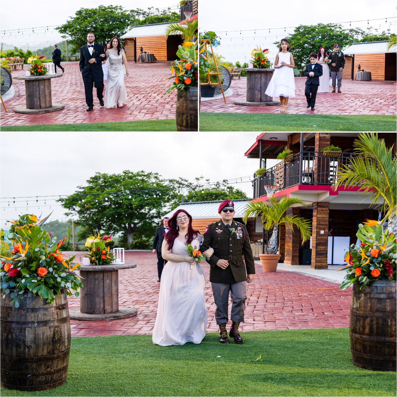 Series of four reception entrance photos on a brick patio with rustic wine barrel decor.