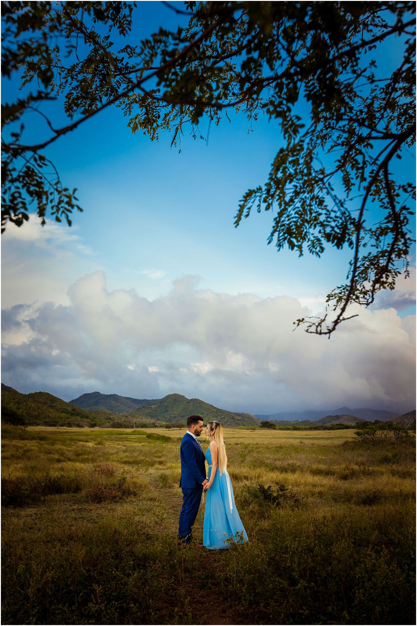 A couple shares a romantic moment in an open field with mountains and overhanging tree branches framing the scene.