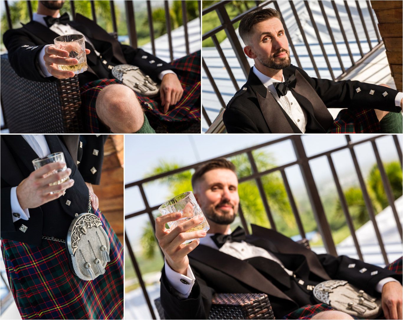 Composite of traditional Scottish wedding attire details including kilt and whisky glass.