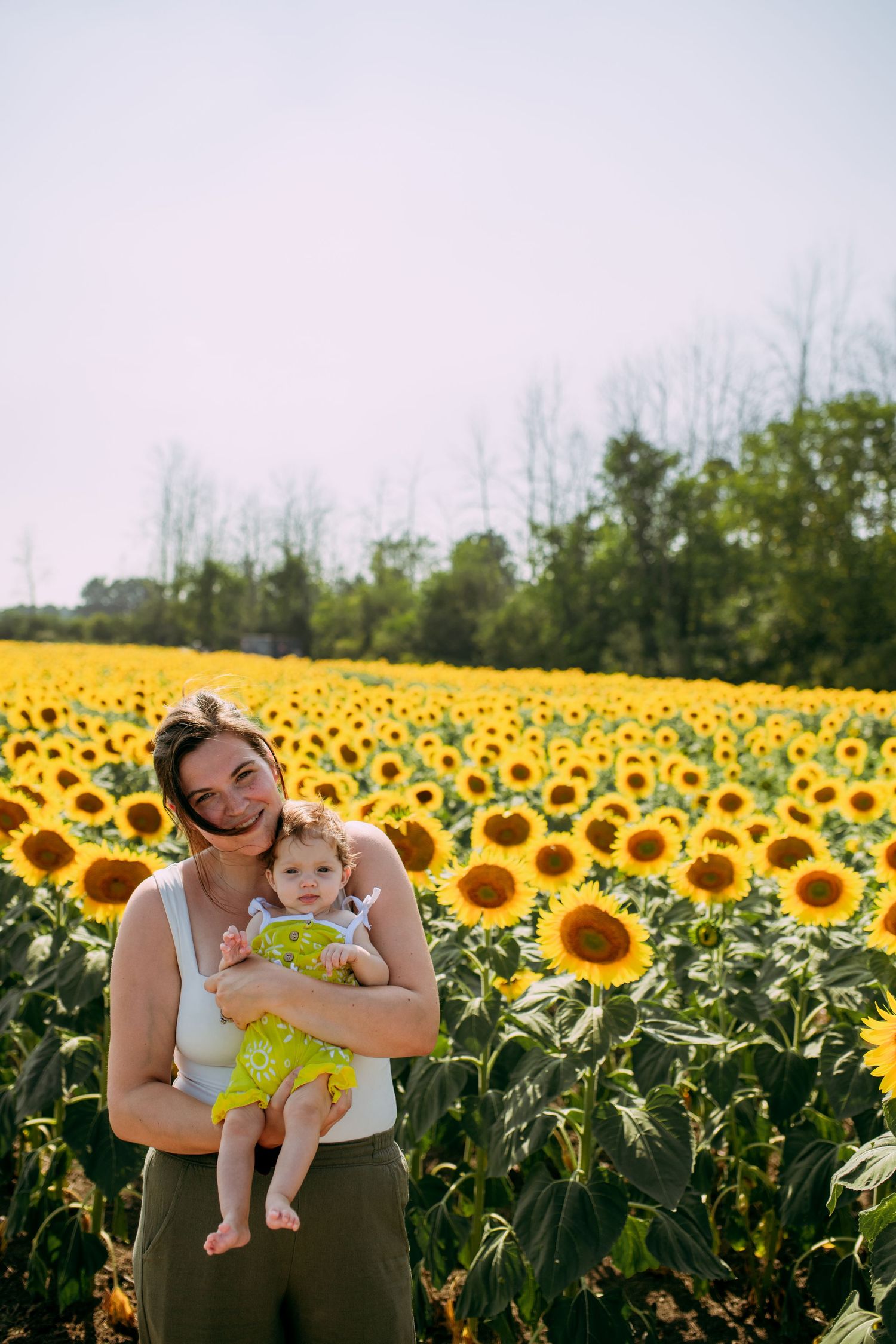 Couple embraces with baby in vibrant sunflower field during golden hour photo session.
