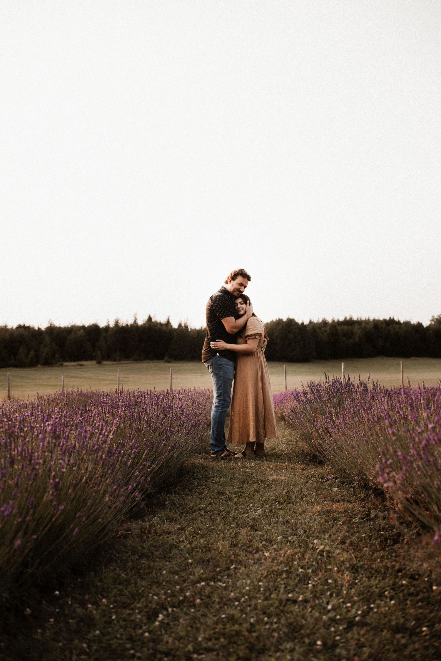 Romantic couple embracing in a blooming lavender field at sunset.