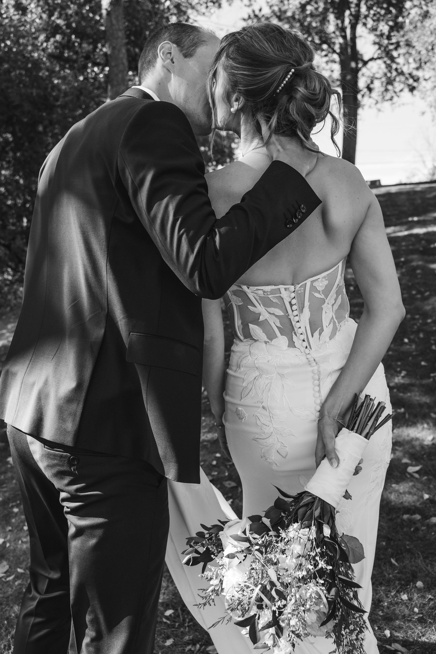 Close-up wedding photo series showing couple's intimate moments in dappled sunlight.