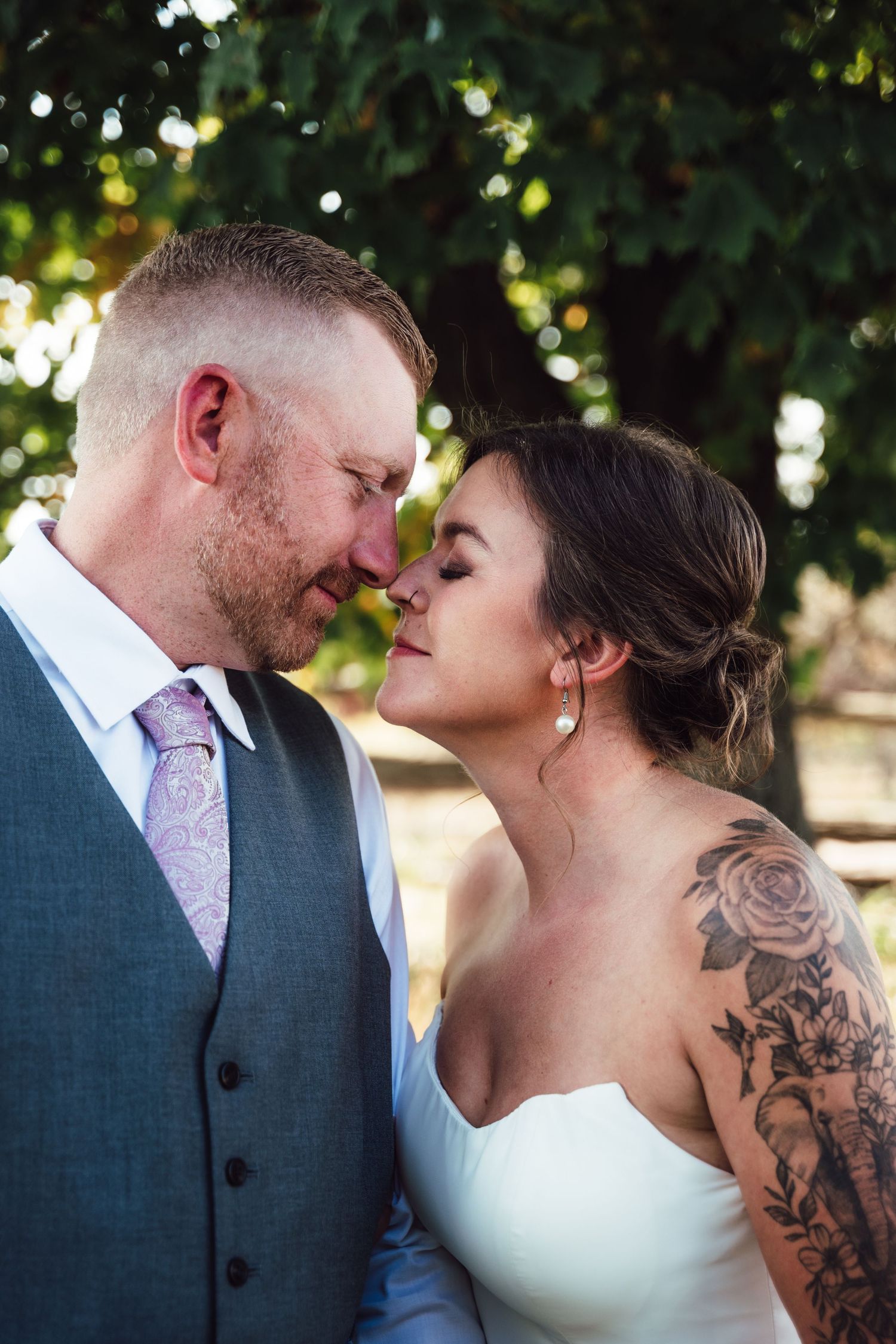 Intimate wedding portrait sequence showing couple in romantic outdoor setting.