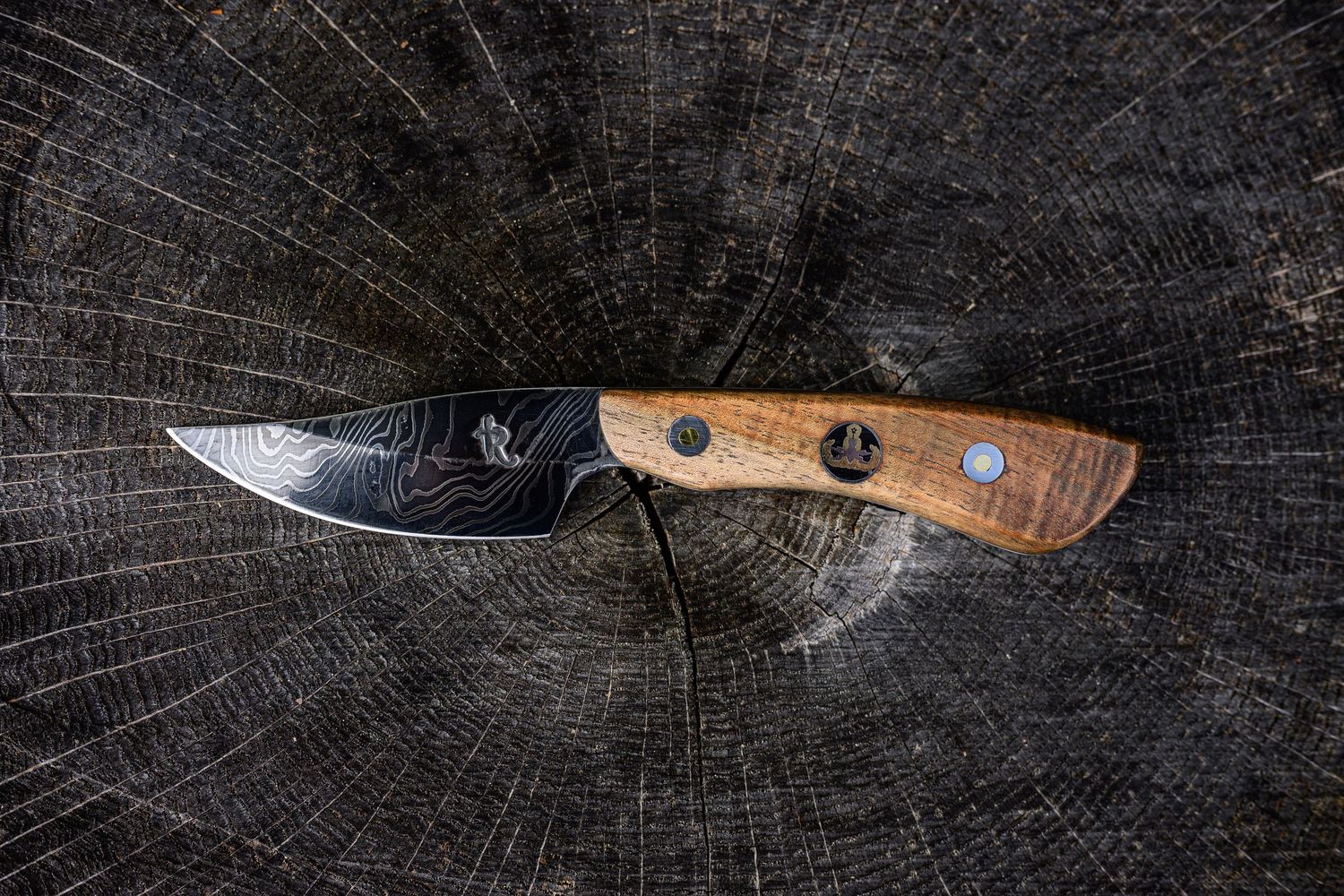 A handcrafted Damascus steel knife with a wooden handle resting on a rustic tree stump surface.