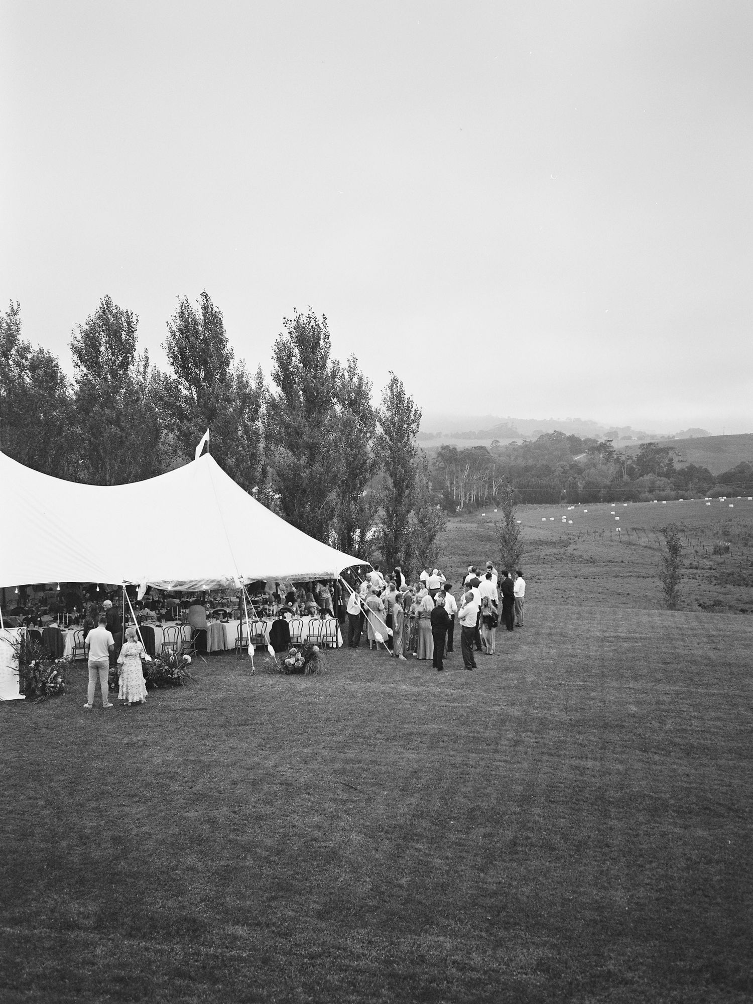 Black and white photo of wedding guests gathered under a large white tent on a green lawn with trees.