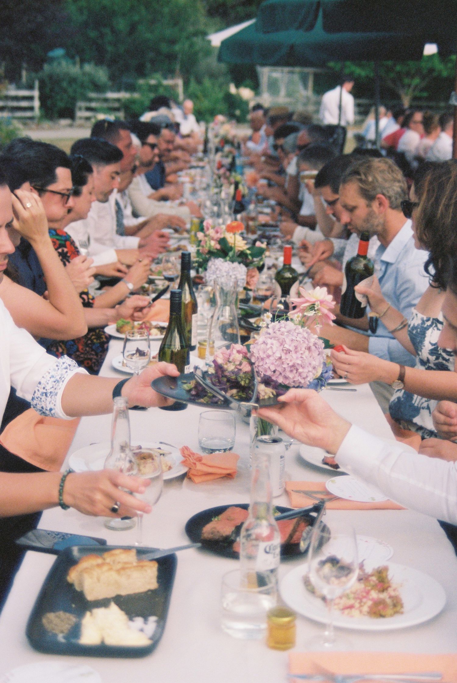 Long outdoor wedding reception table with floral centerpieces, guests dining and celebrating in warm summer light.