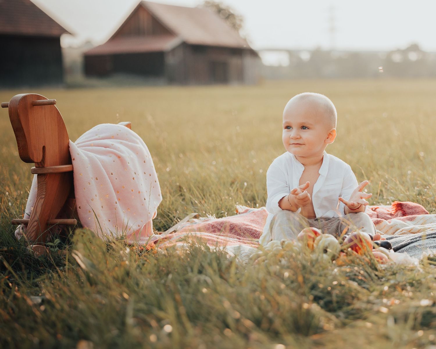 Baby sitting on a blanket in a sunny field near a rustic barn, enjoying a peaceful outdoor picnic.