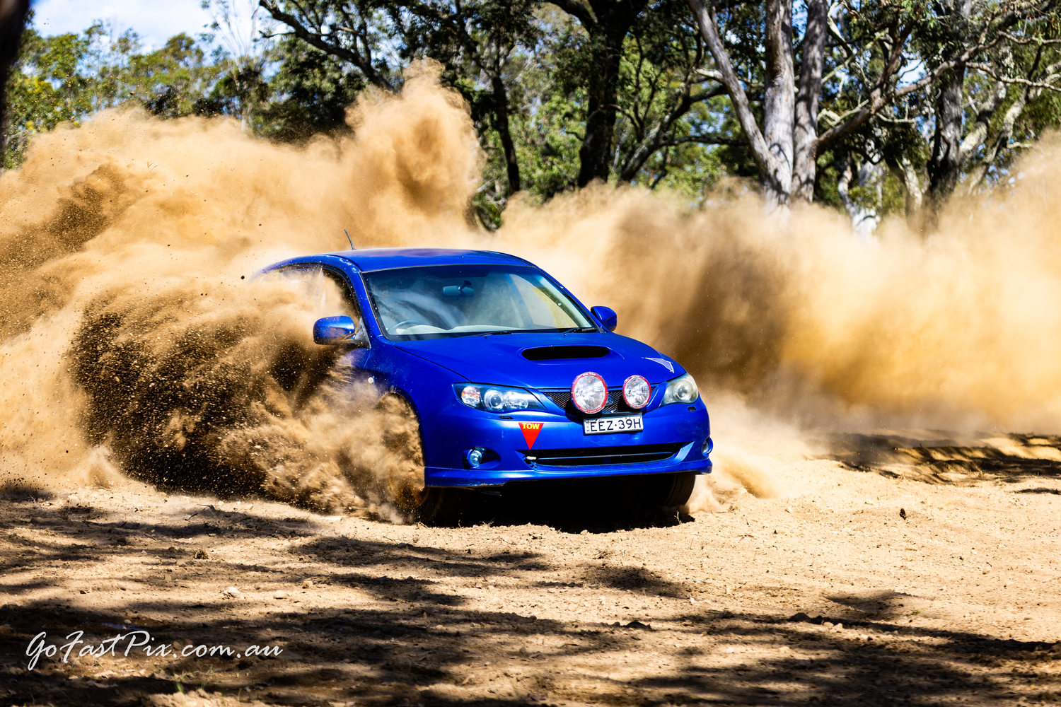Blue rally car drifting on a dirt track, kicking up a massive dust cloud in an Australian forest setting.