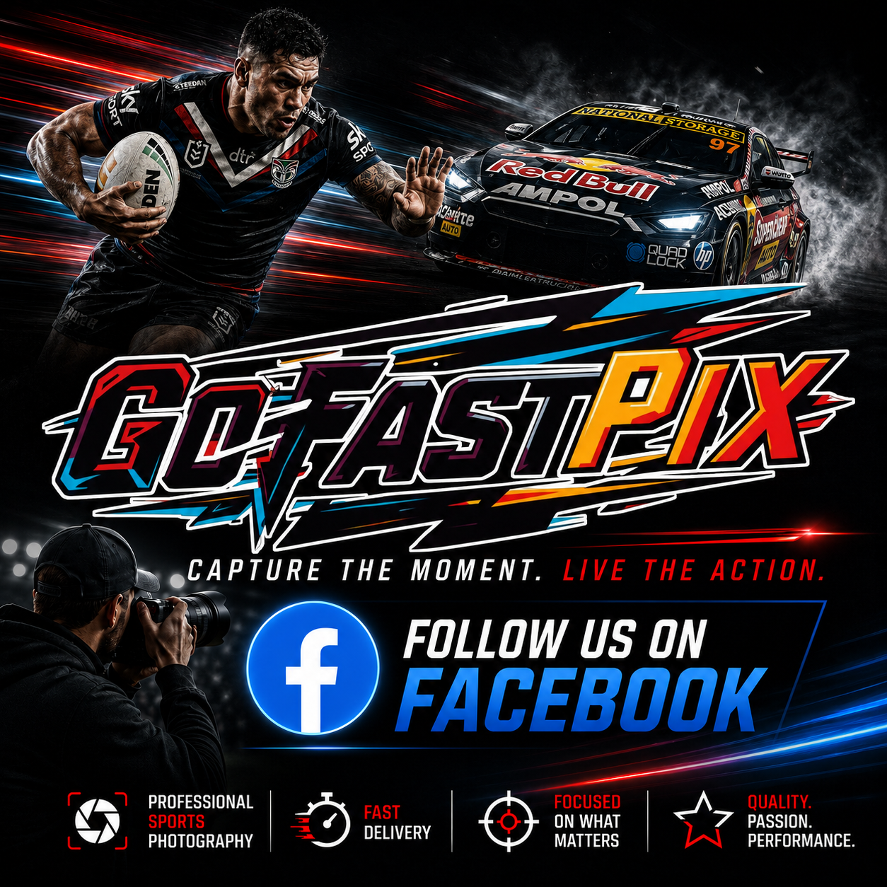 GoFastPix promotional banner featuring a rugby player and Red Bull racing car with Facebook follow call-to-action.