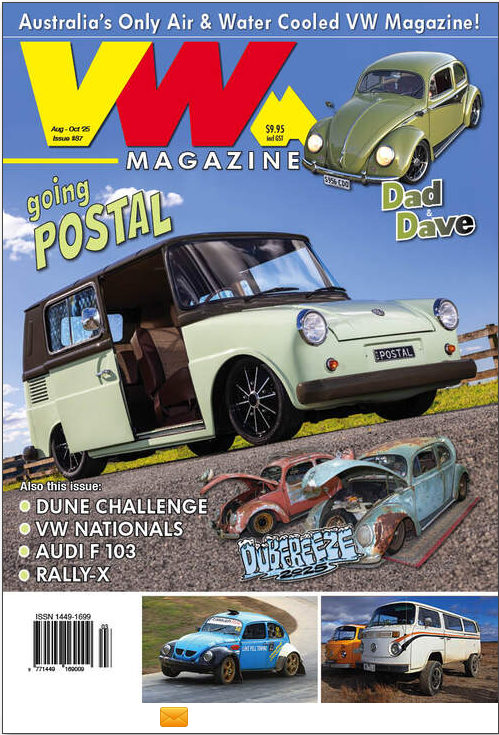 VW Magazine cover featuring vintage Volkswagen Beetle and van, with articles on Dune Challenge, VW Nationals, Audi F103, and Rally-X.