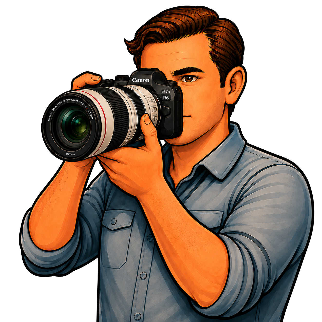 Cartoon illustration of a male photographer using a Canon DSLR camera with a large telephoto lens.