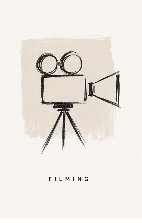 Minimal sketch icon showing a video camera representing the filming stage