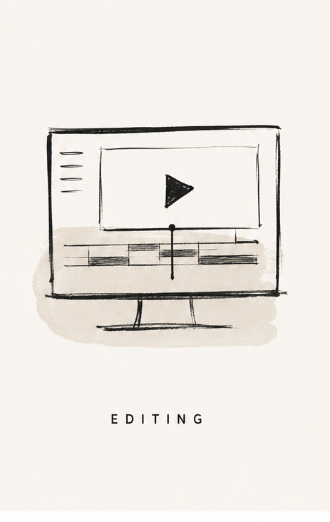 Minimal sketch icon showing a video editing screen representing the post-production stage