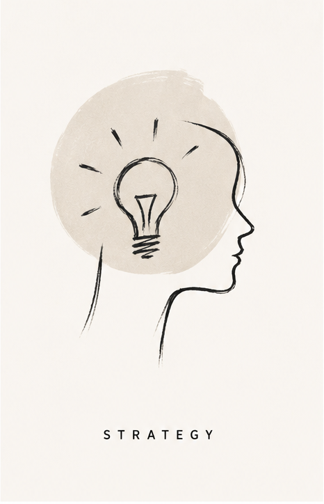 Minimal sketch icon showing a head and lightbulb representing strategy and creative planning