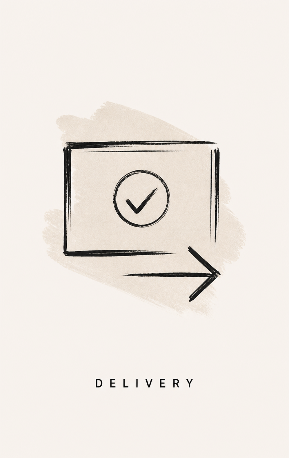 Minimal sketch icon showing a completed video delivery with check mark and arrow
