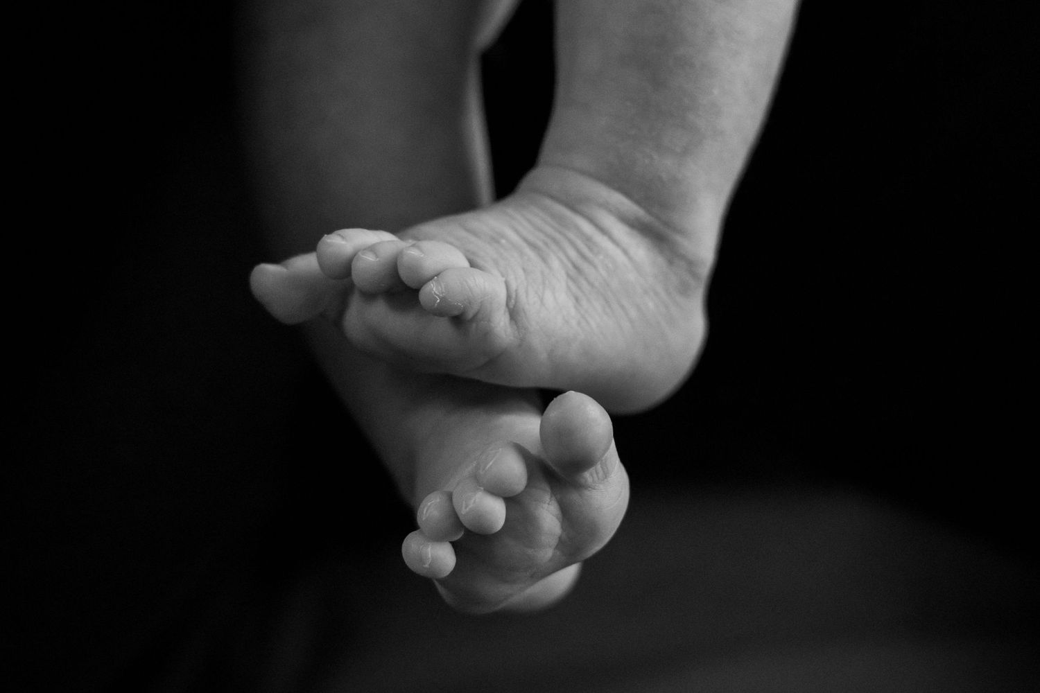 Black and white close-up of tiny newborn baby feet crossed together.
Ellis - Newborn shoot