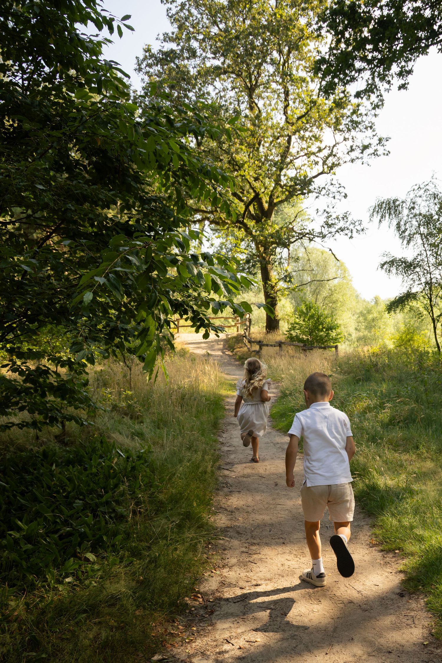 Two children walking along a sunny forest path surrounded by lush green trees and tall grass on a bright summer day.
Familieshoot