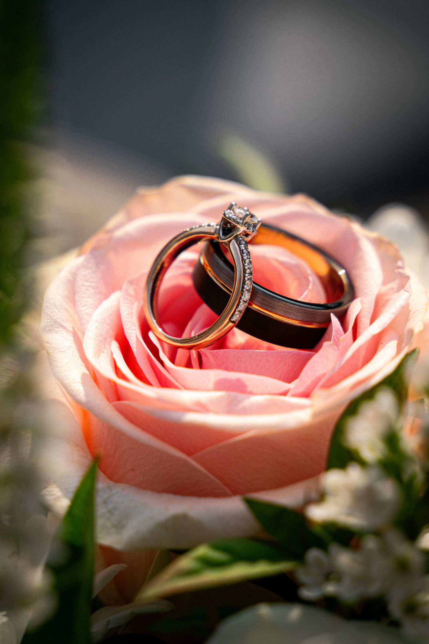 Diamond engagement ring and wedding bands resting inside a soft pink rose bloom.