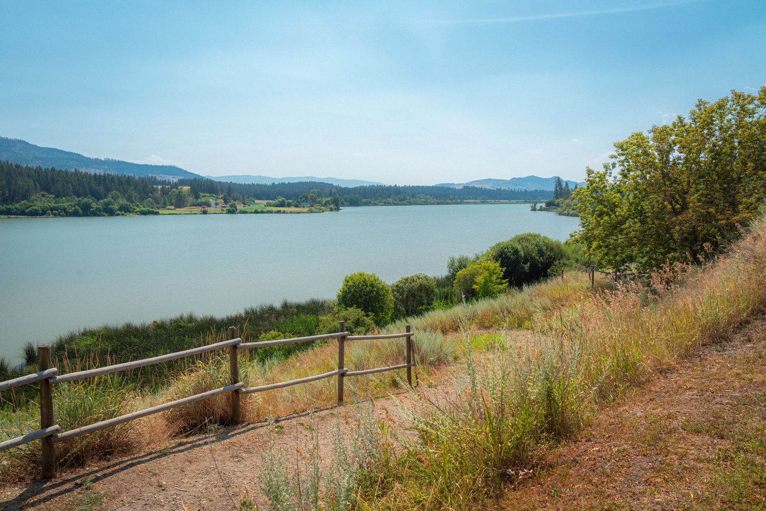 Scenic lakeside view with wooden fence, tall grass, and tree-covered hills under blue sky.