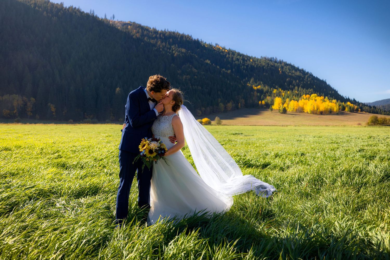 Bride and groom share a romantic kiss in a sunlit mountain meadow with golden aspen trees in the background.
