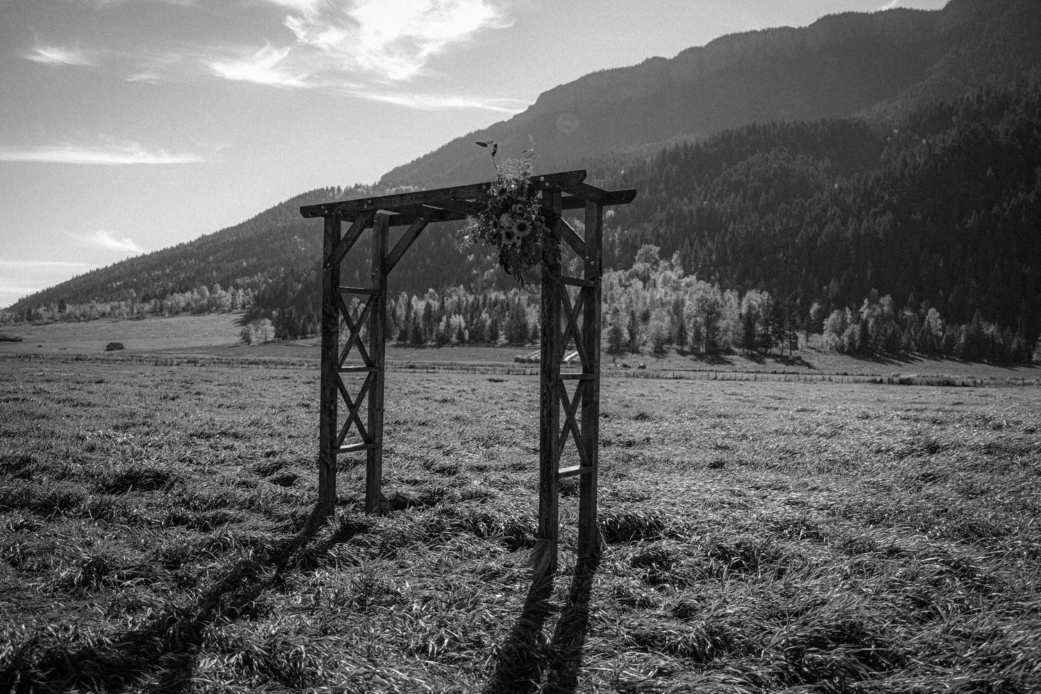 Black and white photo of a rustic wooden wedding arch in an open mountain meadow with trees and peaks in the background.