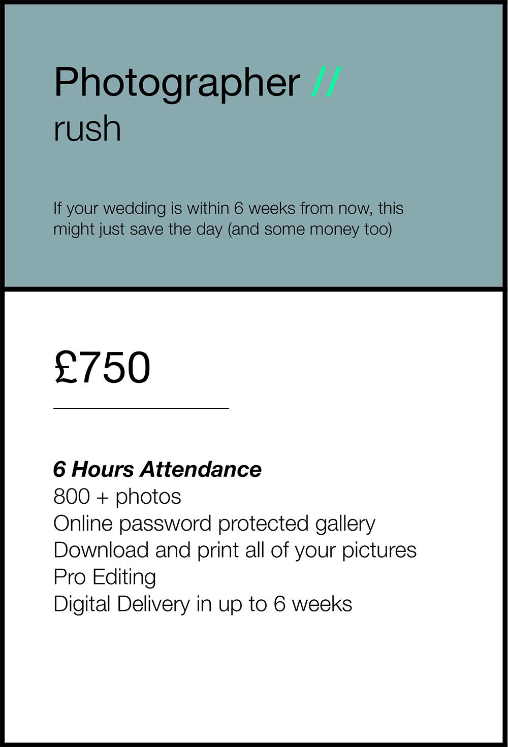 A wedding photography rush service advertisement showing pricing of 750 pounds for 6 hours coverage and 800+ photos with editing.