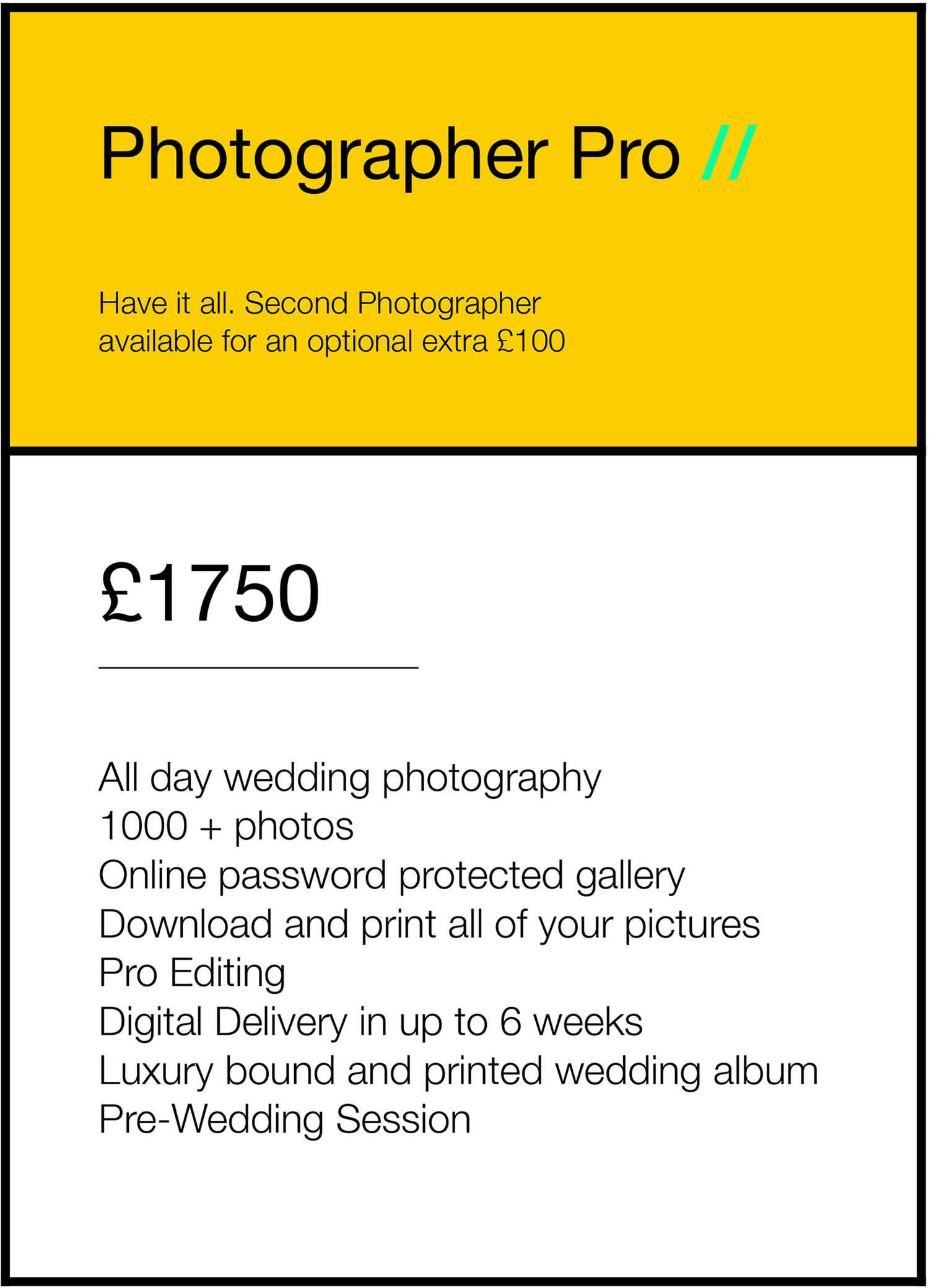Yellow photography package pricing card showing details for a Photographer Pro service offering for £1750 including wedding photos.