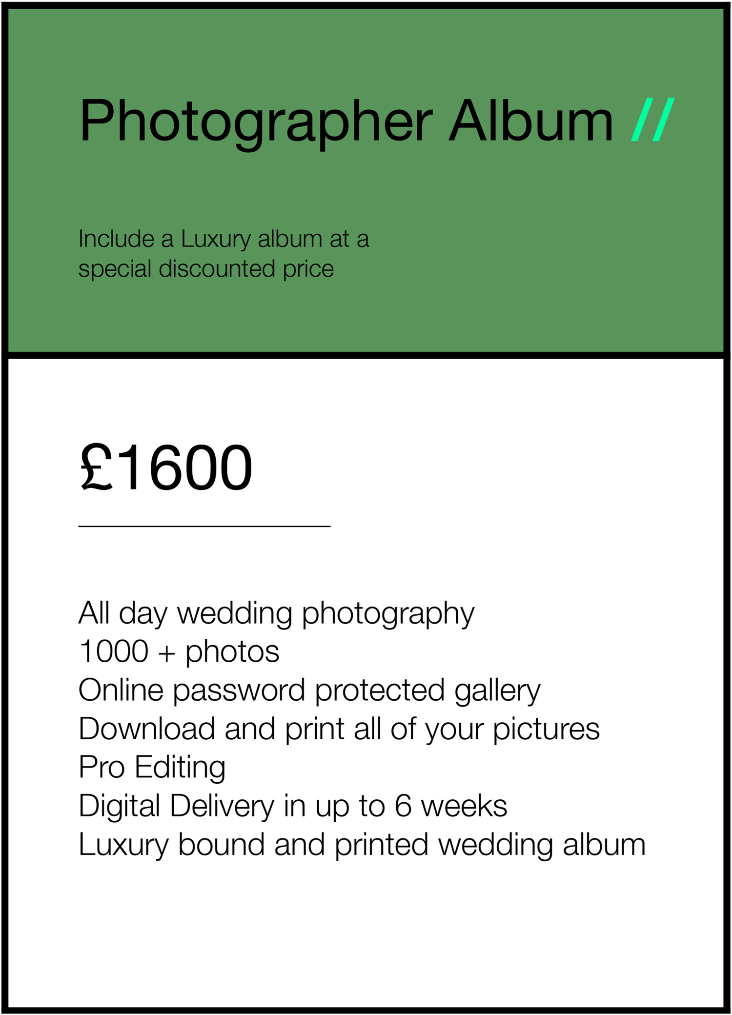 Wedding photography pricing package showing details for a luxury album collection priced at £1600.