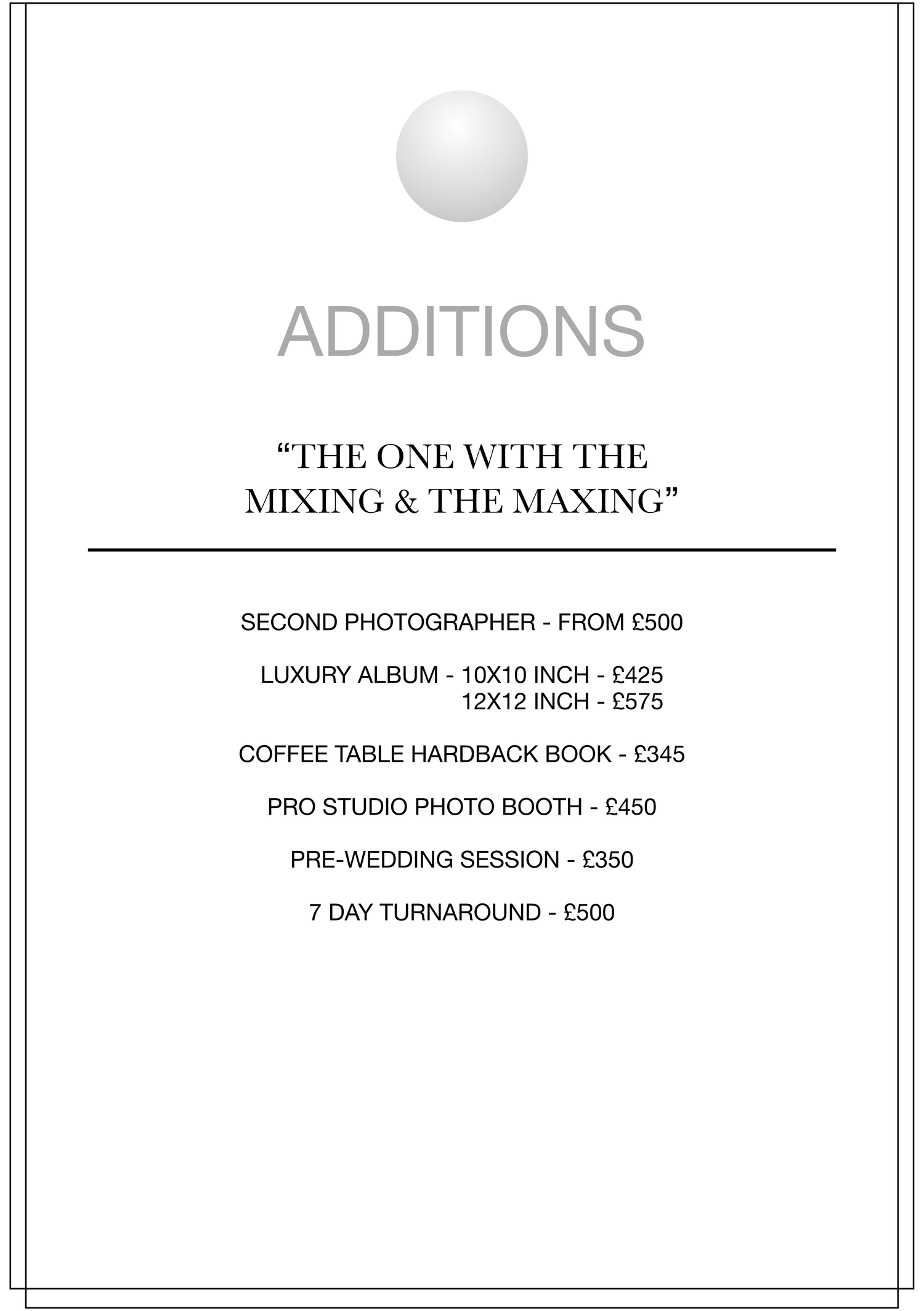 Wedding photography additions price list featuring second photographer, luxury albums, photo booth, and 7-day turnaround options.