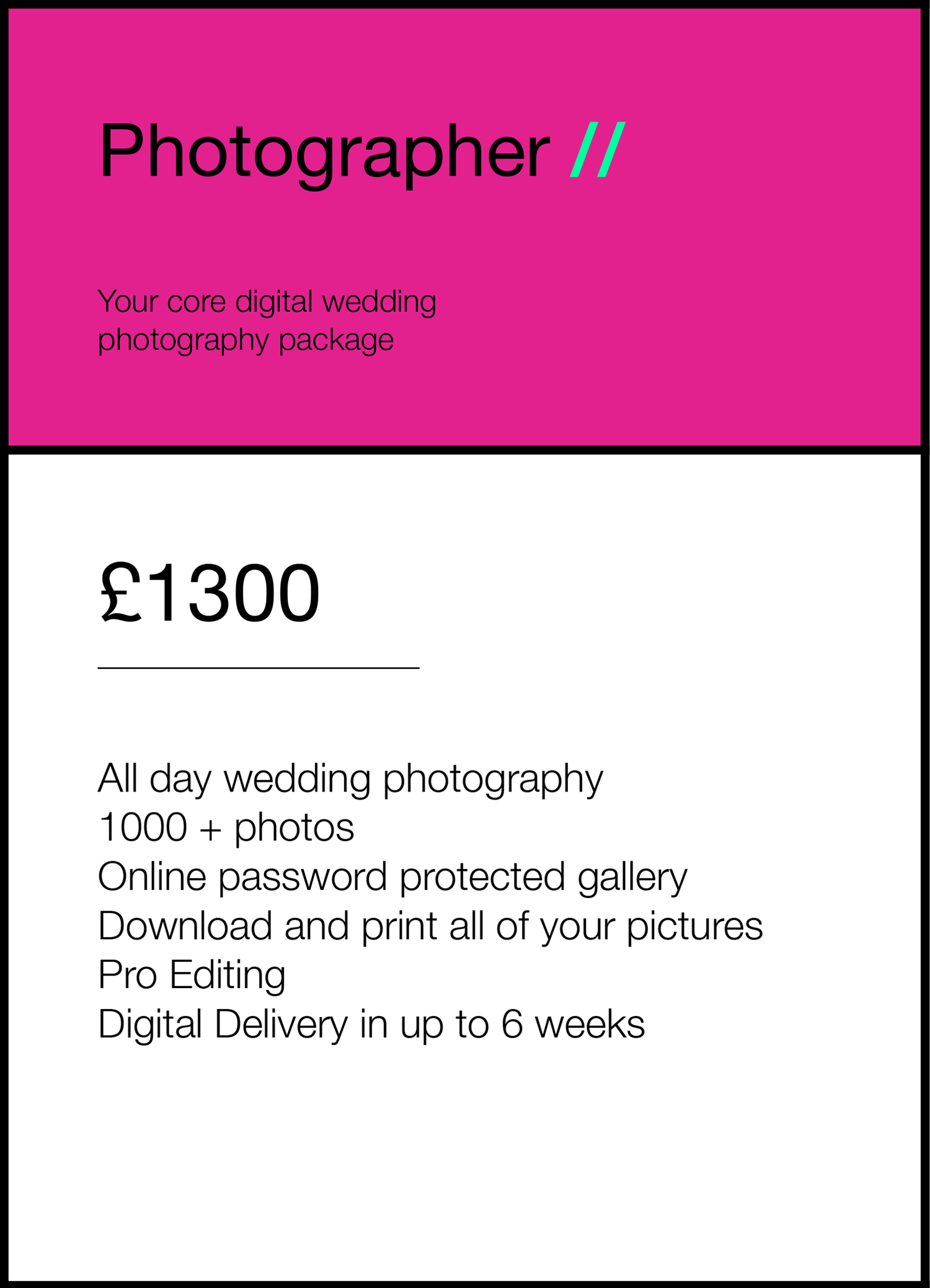 Pink professional wedding photography price list showing £1300 package with 1000+ photos and digital delivery services.