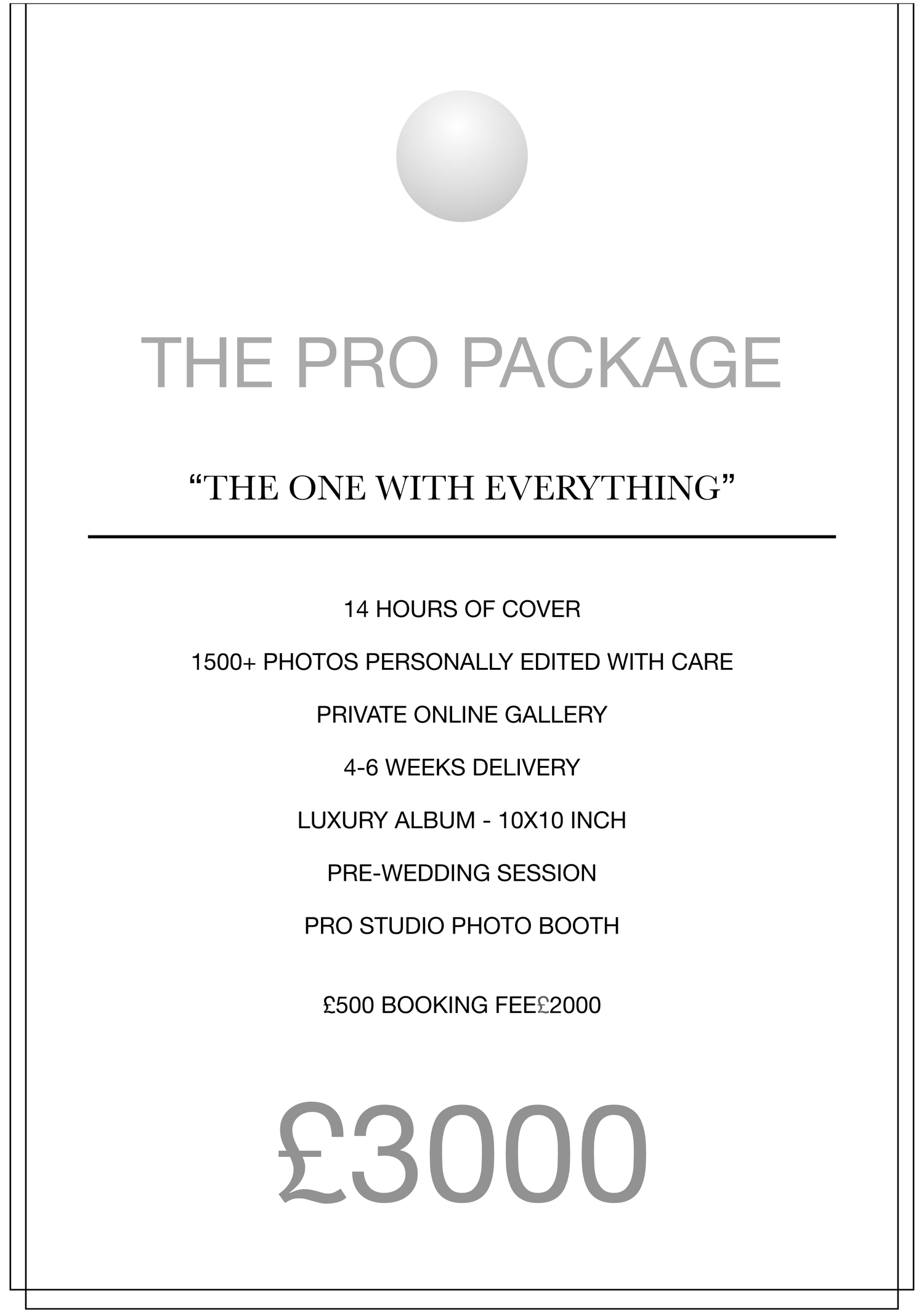 The Pro Package wedding photography pricing card offering 14 hours of cover, 1500+ edited photos, luxury album, and more for £3000.