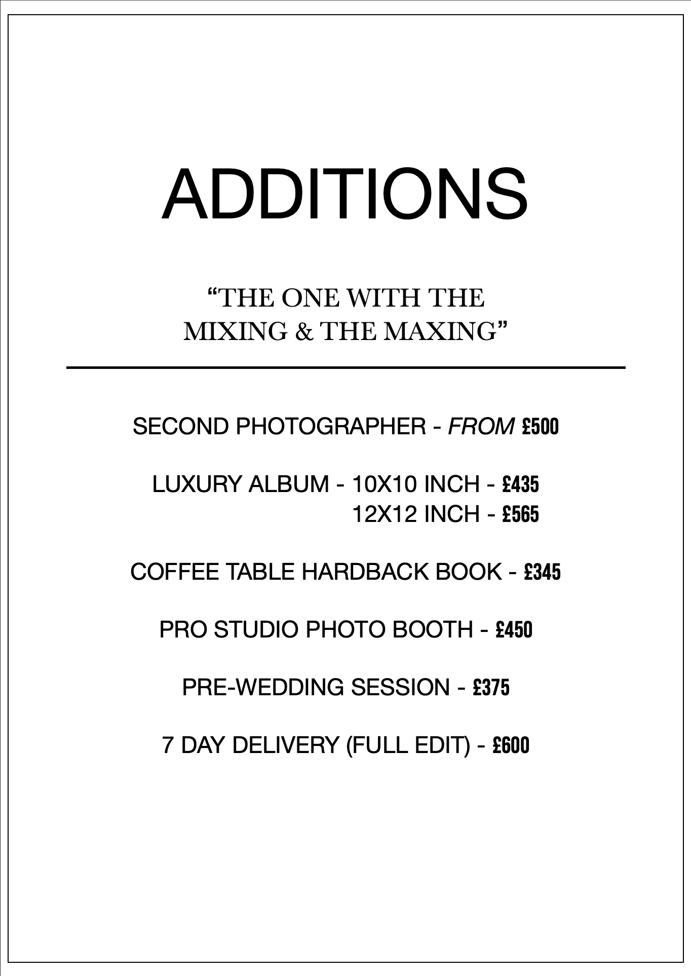 Wedding photography additions price list including second photographer, luxury album, coffee table book, photo booth, and more.