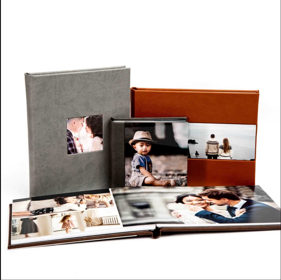 Leather-bound wedding photo album displayed in various angles showing its cover and page layouts.