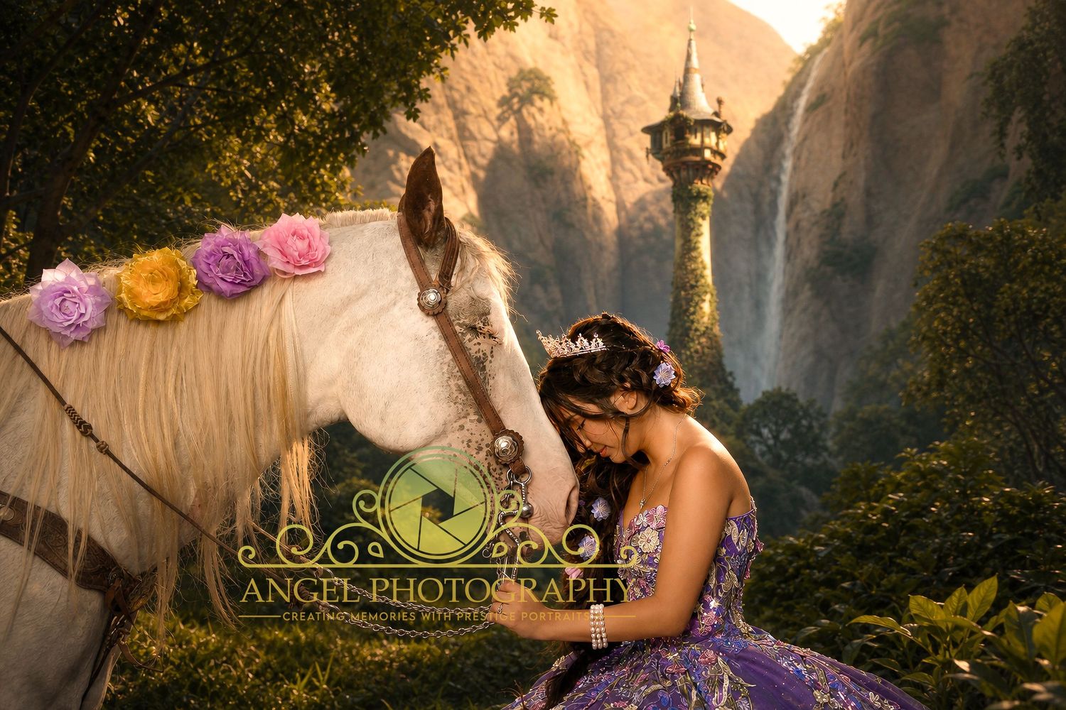 A girl in a purple gown poses with a white horse near a fairy tale tower waterfall in an enchanted forest setting.
